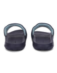 Pair of navy sandals with a light blue interior on a white background