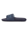 Navy slide sandal with a logo on a white background