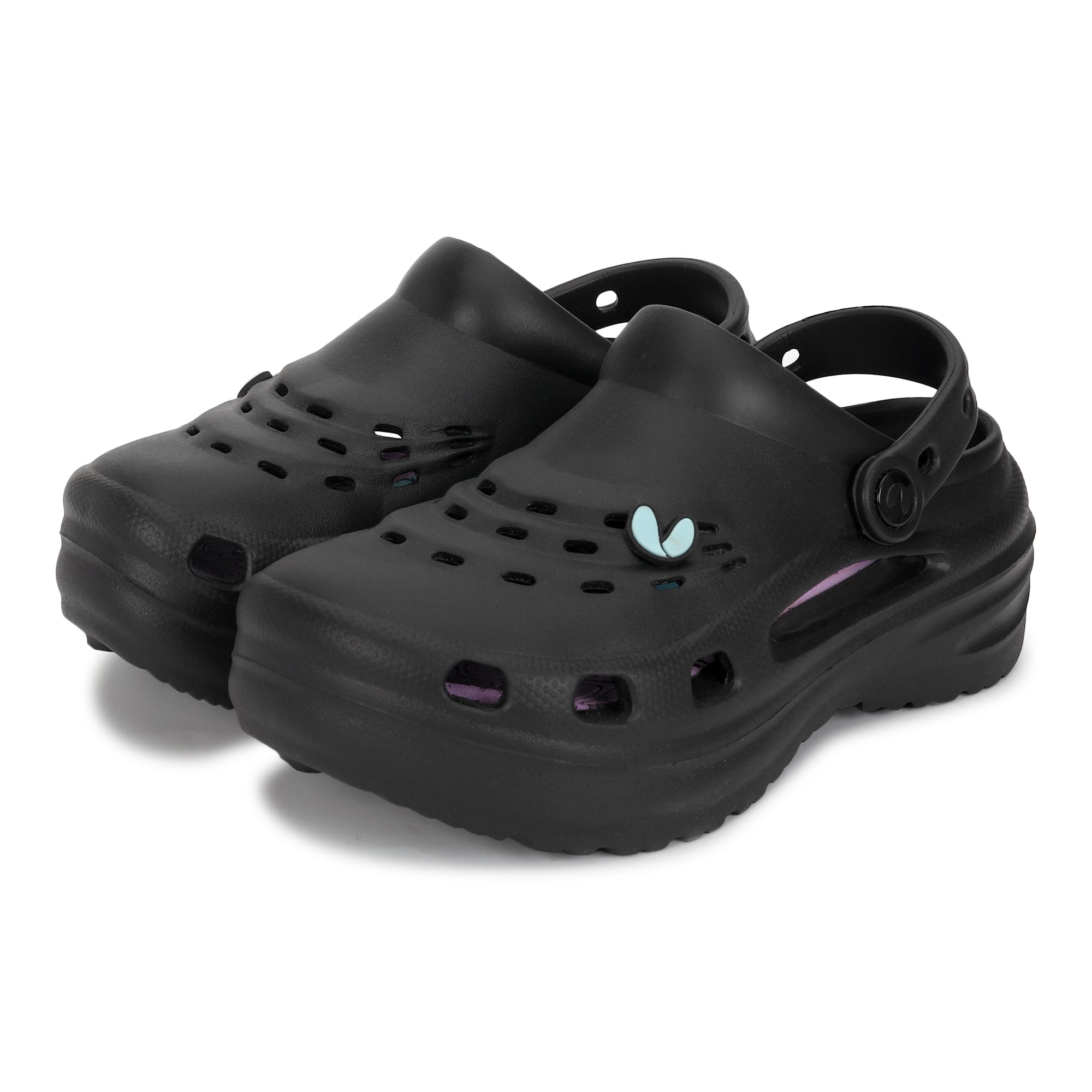 Black clogs with a small colorful logo on top shows side look