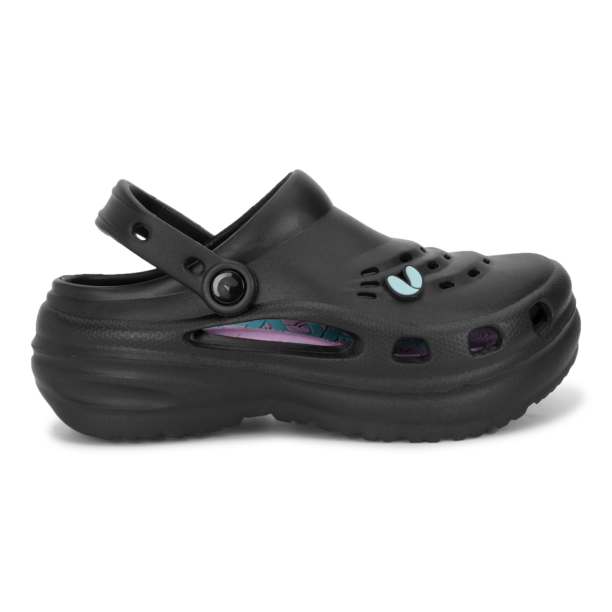 Black clog shoes showing side profile of the product