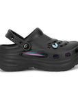 Black clog shoes showing side profile of the product