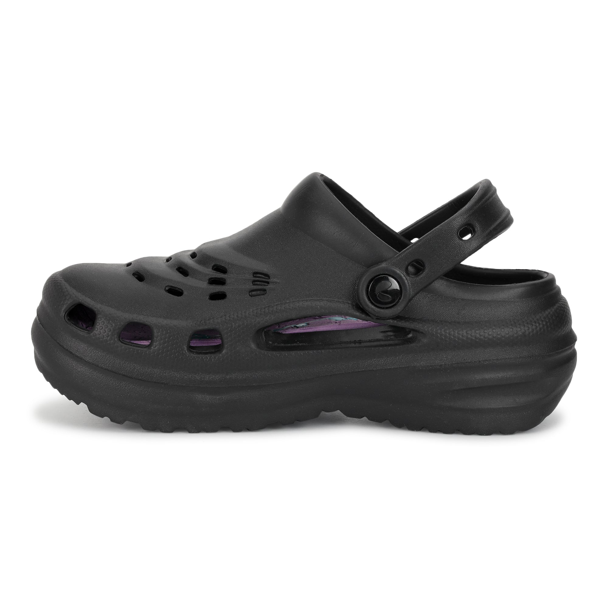 Black clog shoe on a white background