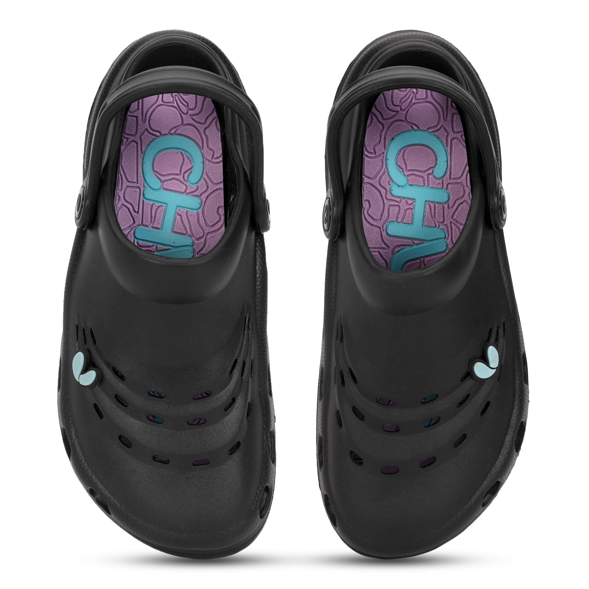 Black clogs with purple insole and turquoise logo on a white background
