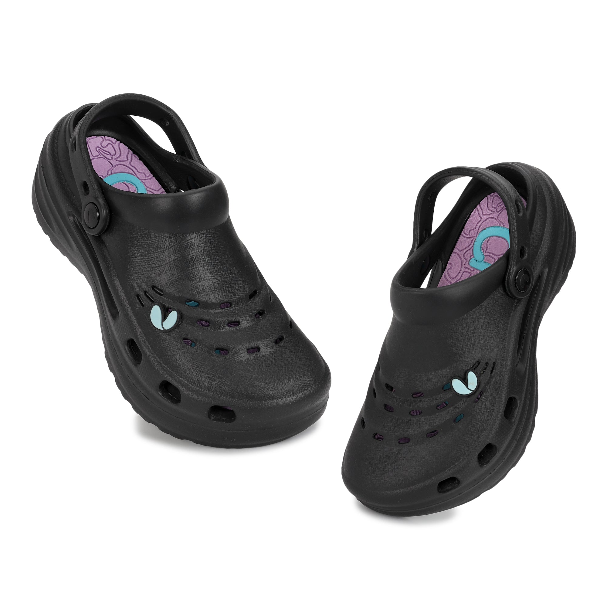 Black clogs with colorful interior on a white background