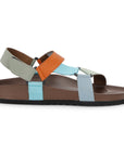 Multicolored sandal with brown sole on a white background