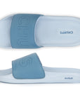 Top and side view of sky blue sliders for men with cushioned base