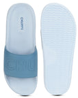 Top view of sky blue sliders and sole for men with cushioned base