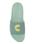 Light green slide sandal with yellow logo on a white background