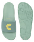 Green slide sandal with yellow logo on a white background