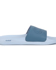 Side view of sky blue sliders for men with cushioned base