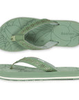 Green flip-flops for women top and side view with floral V-strap