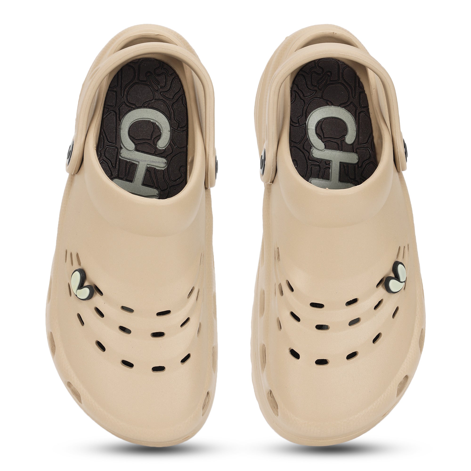 Beige clogs with black sole on a white background