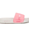 Pink and white slide sandal with 'Chupps' branding on a white background