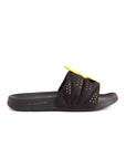 A single black flip-flop with yellow accents on the strap, featuring a textured sole and a flat, cushioned upper.
