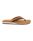 A pair of dark and tan V-strap men's flipflop slippers with a textured sole.