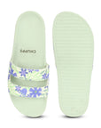 Lime green slider with floral print upper and grippy sole.