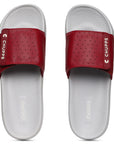 Minimalist men’s maroon sliders with adjustable Velcro fit