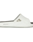 White sliders for men shown with a clean, minimal design