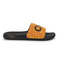 A pair of men's casual sliders with a yellow upper featuring a flame pattern on a navy blue sole.