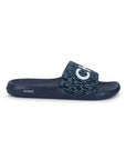 A navy blue casual slider with a white flame design and the brand 'Chupps' visible on the strap.