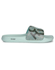Side view of the light green slide sandal with camouflage pattern on slip-on sliders for men with traction sole