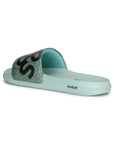 Light blue slide sandal with a camouflage strap and 'Airsoft' sole on a white background