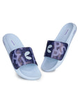 Modern men’s navy blue sliders with graphic upper and white background