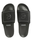 Top view of black sliders highlighting adjustable Velcro strap.