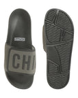 Side view of black & grey sliders highlighting FOAM6 padded velcro strap and grippy ErgoX sole.