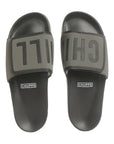 Chill Out black & grey sliders top view showing CHILL graphic upper and adjustable Velcro.