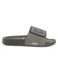 Chill Out black & grey sliders side view showing ErgoX sole and velcro strap