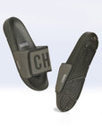Chill Out black & grey sliders top view showing CHILL graphic upper and adjustable Velcro.