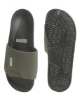 Close up of adjustable velcro strap and outsole shot showing slip-resistant tread on black & olive sliders.