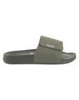 Solid Hues black & olive sliders side view showing olive upper and black sole.