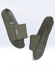 Solid Hues black & olive sliders dynamic view showing olive upper and black sole.