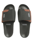 Solid Hues black tan sliders top view showing tan upper and black sole on a white background.