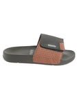 Side profile of black tan sliders highlighting adjustable Velcro strap.