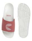 Strap and sole being seen from top for light grey maroon men's sliders