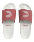 Top view of men's light grey & maroon sliders