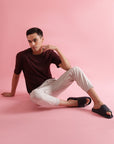 navy & grey sliders paired with slim fit cargo and maroon t-shirt for the comfort look.