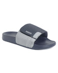 Side profile of navy & grey sliders highlighting adjustable Velcro strap.