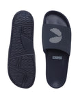 Top view of navy blue slider's sole and strap