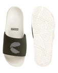 Close-up of dotted strap pattern and sole of white & olive men's sliders