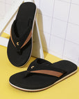 V-Fusion dark brown & black v-strap flipflops top view showing URO Foam footbed.