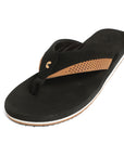 Side profile of dark brown & black flipflops highlighting neoprene toe post.