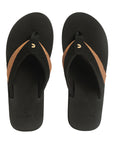 Top profile of dark brown & black flipflops highlighting neoprene toe post.
