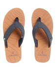 to[ profile of tan strap and blue sole highlighting neoprene toe post.