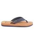 tan and blue v-strap men's flip-flops with a black strap.