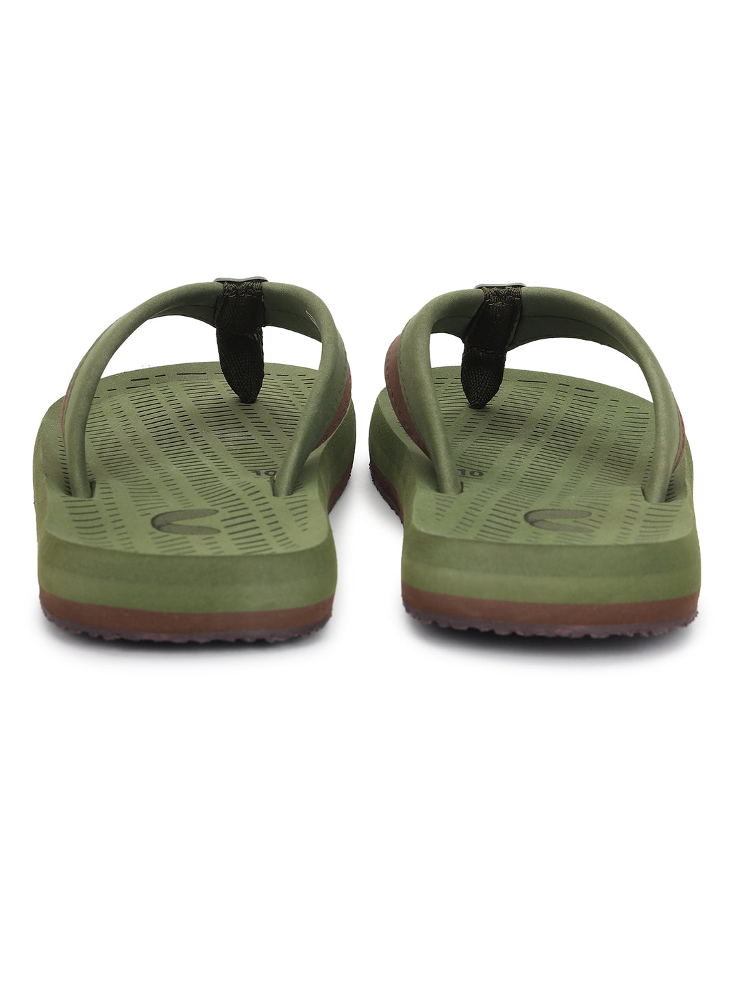 Pair of green sandals with brown soles on a white background
