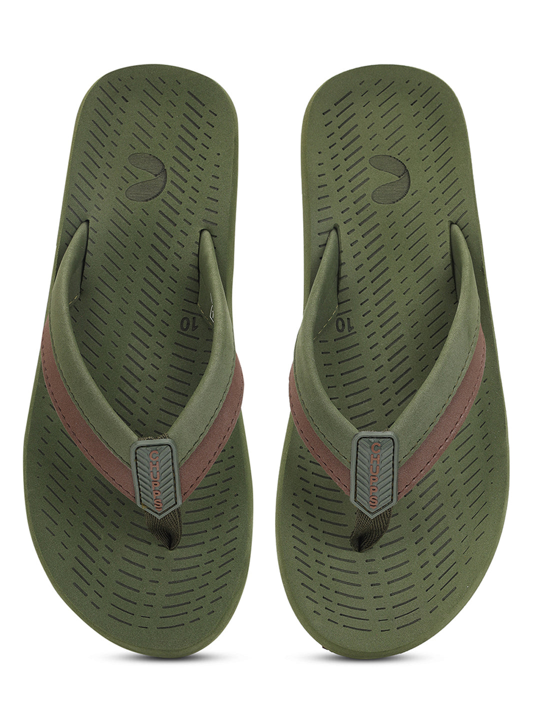 Pair of green flip-flops with a red strap on a white background